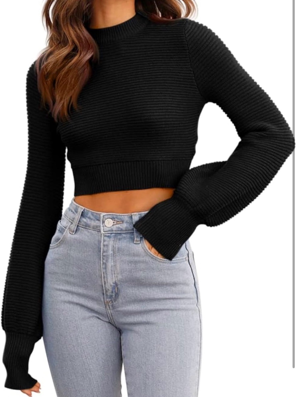 Cropped Ribbed Knit Sweater - Black